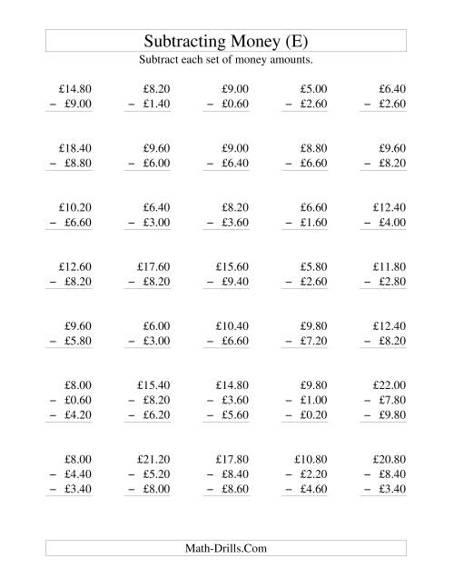The Subtracting British Money to £10 -- Increments of 20 Pence (E) Math Worksheet