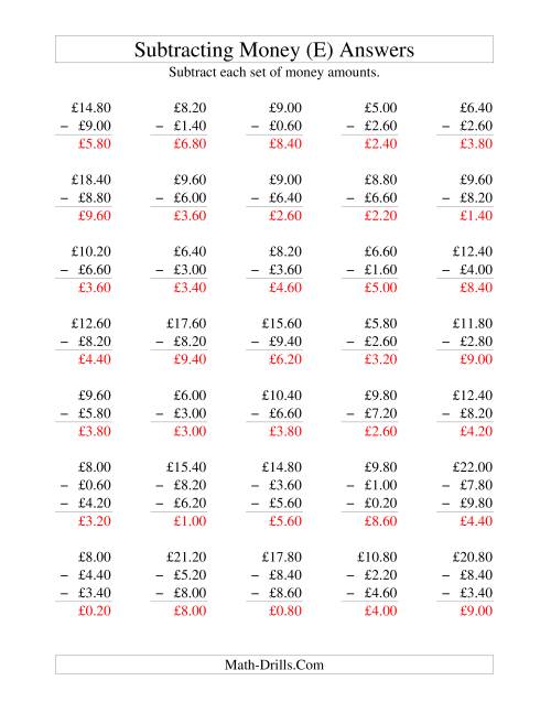 The Subtracting British Money to £10 -- Increments of 20 Pence (E) Math Worksheet Page 2