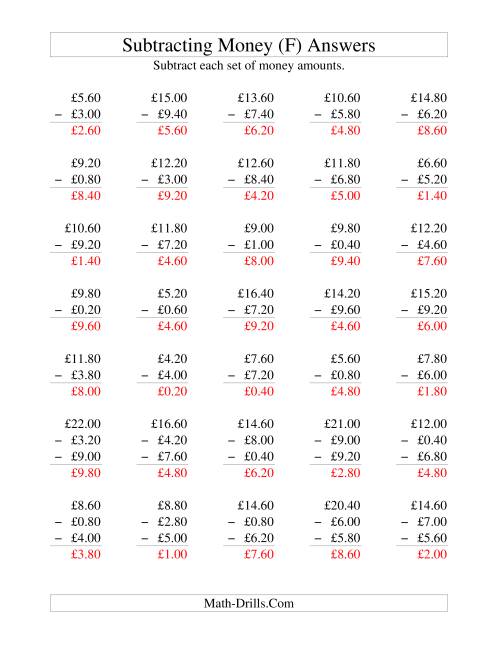 The Subtracting British Money to £10 -- Increments of 20 Pence (F) Math Worksheet Page 2