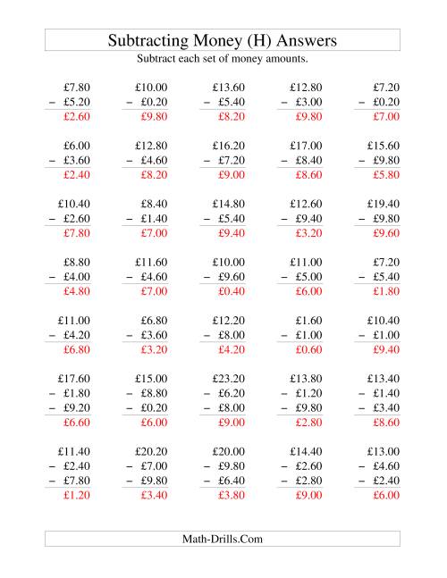 The Subtracting British Money to £10 -- Increments of 20 Pence (H) Math Worksheet Page 2