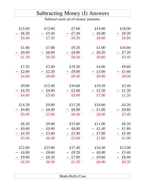The Subtracting British Money to £10 -- Increments of 20 Pence (I) Math Worksheet Page 2
