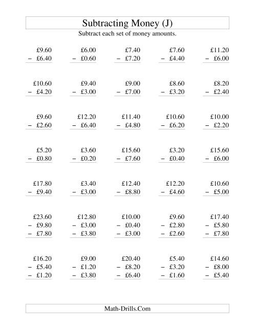The Subtracting British Money to £10 -- Increments of 20 Pence (J) Math Worksheet
