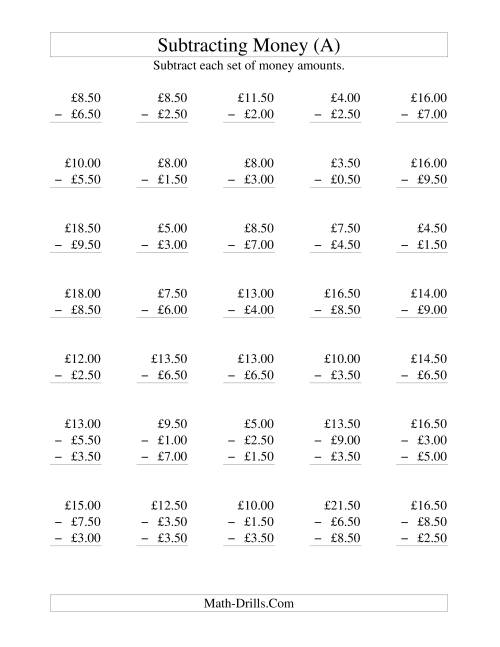 The Subtracting British Money to £10 -- Increments of 50 Pence (A) Math Worksheet