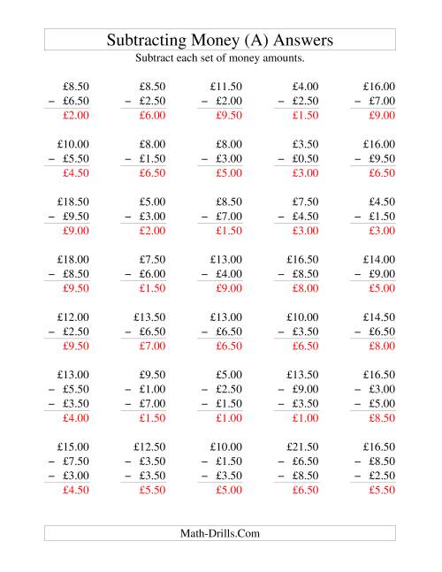 The Subtracting British Money to £10 -- Increments of 50 Pence (A) Math Worksheet Page 2