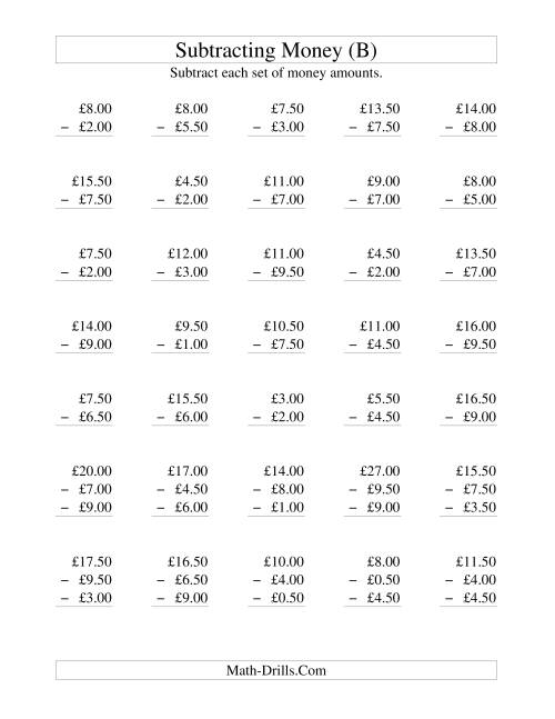 The Subtracting British Money to £10 -- Increments of 50 Pence (B) Math Worksheet