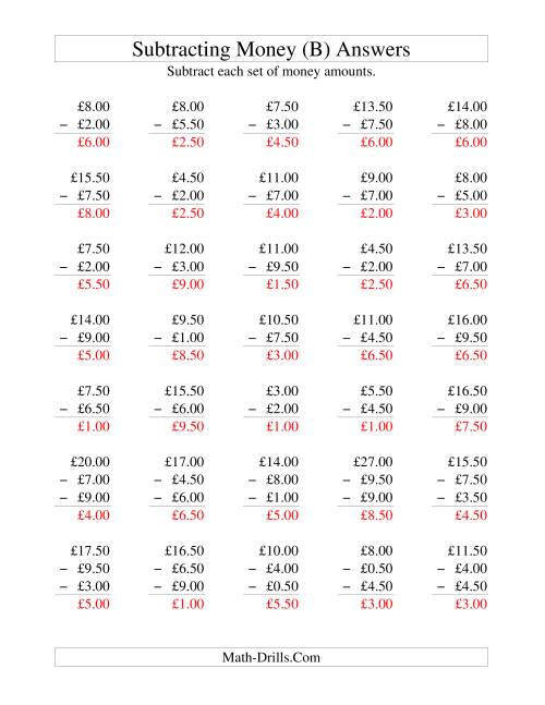 The Subtracting British Money to £10 -- Increments of 50 Pence (B) Math Worksheet Page 2