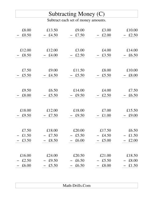 The Subtracting British Money to £10 -- Increments of 50 Pence (C) Math Worksheet