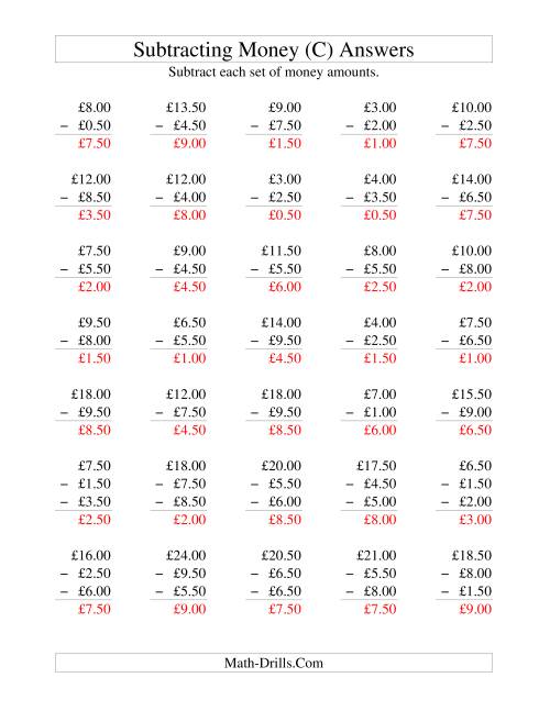 The Subtracting British Money to £10 -- Increments of 50 Pence (C) Math Worksheet Page 2