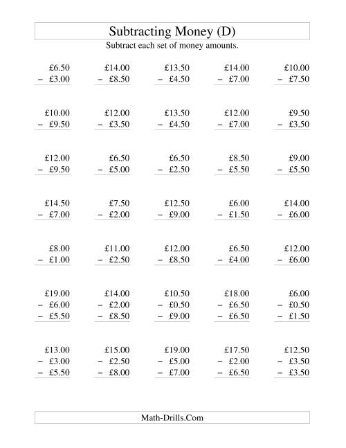 The Subtracting British Money to £10 -- Increments of 50 Pence (D) Math Worksheet