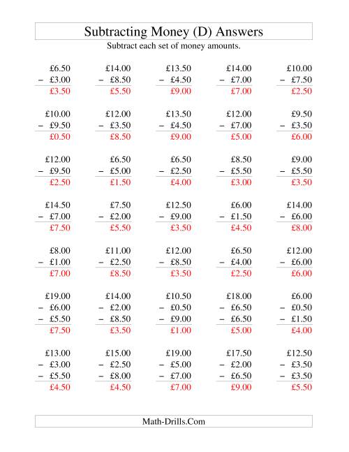 The Subtracting British Money to £10 -- Increments of 50 Pence (D) Math Worksheet Page 2