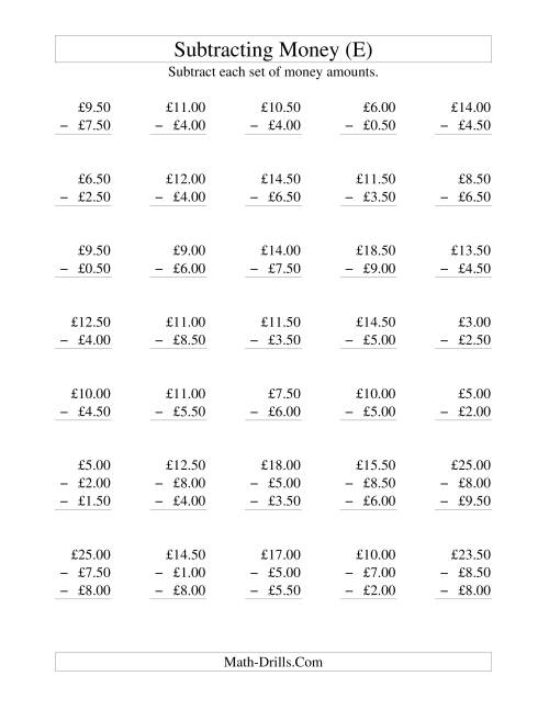 The Subtracting British Money to £10 -- Increments of 50 Pence (E) Math Worksheet