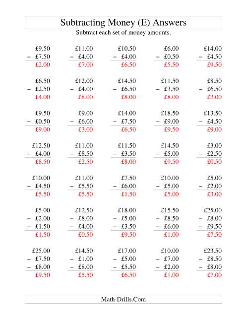 The Subtracting British Money to £10 -- Increments of 50 Pence (E) Math Worksheet Page 2