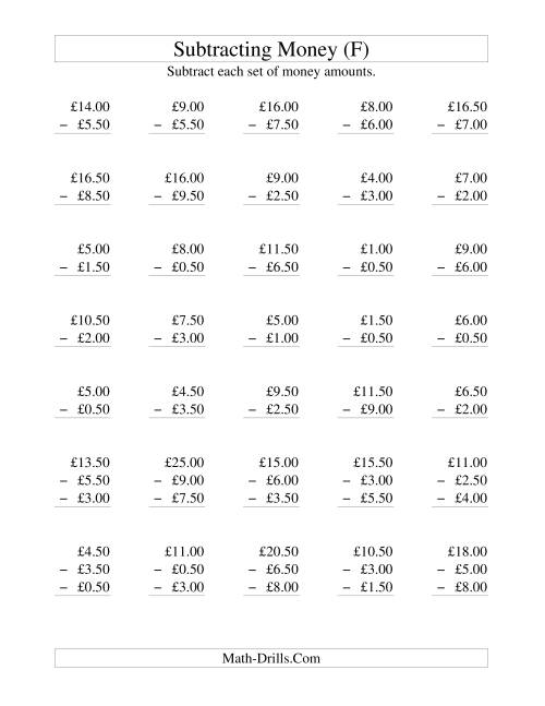 The Subtracting British Money to £10 -- Increments of 50 Pence (F) Math Worksheet