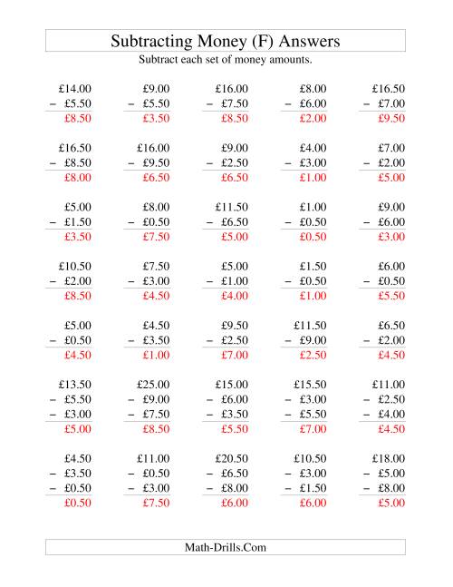 The Subtracting British Money to £10 -- Increments of 50 Pence (F) Math Worksheet Page 2