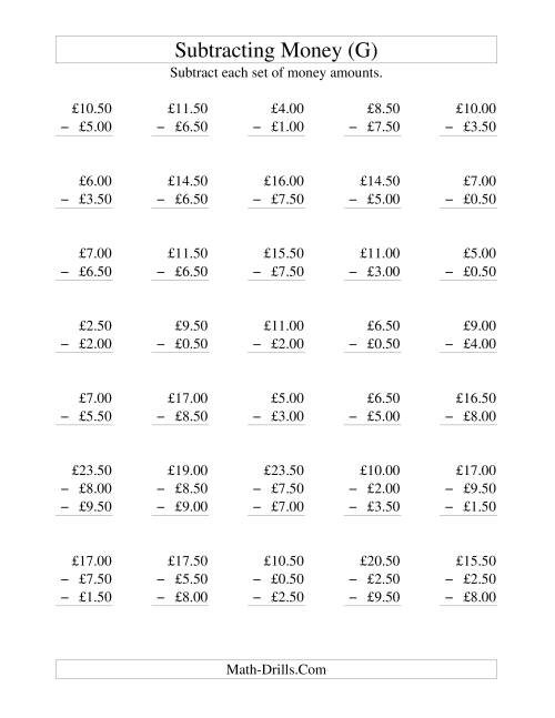 The Subtracting British Money to £10 -- Increments of 50 Pence (G) Math Worksheet
