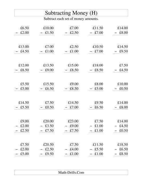 The Subtracting British Money to £10 -- Increments of 50 Pence (H) Math Worksheet