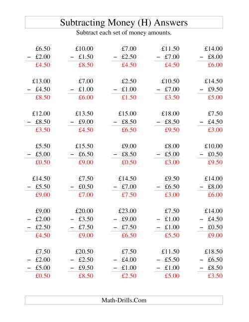 The Subtracting British Money to £10 -- Increments of 50 Pence (H) Math Worksheet Page 2