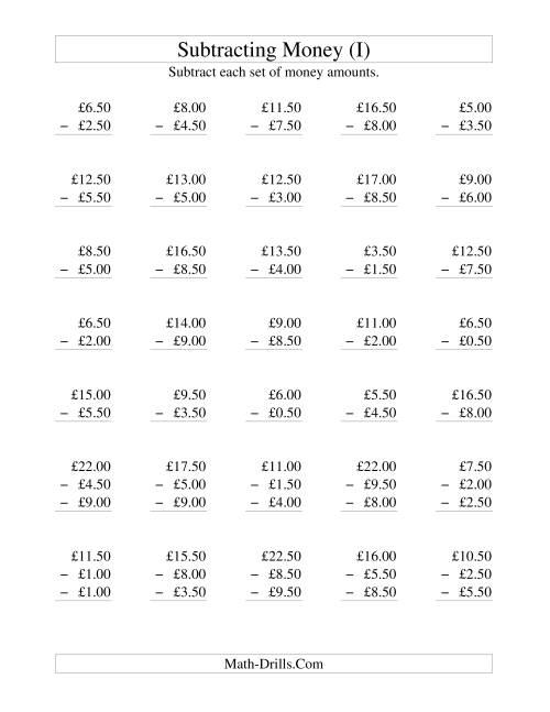 The Subtracting British Money to £10 -- Increments of 50 Pence (I) Math Worksheet