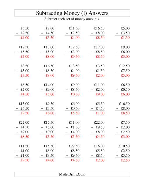 The Subtracting British Money to £10 -- Increments of 50 Pence (I) Math Worksheet Page 2