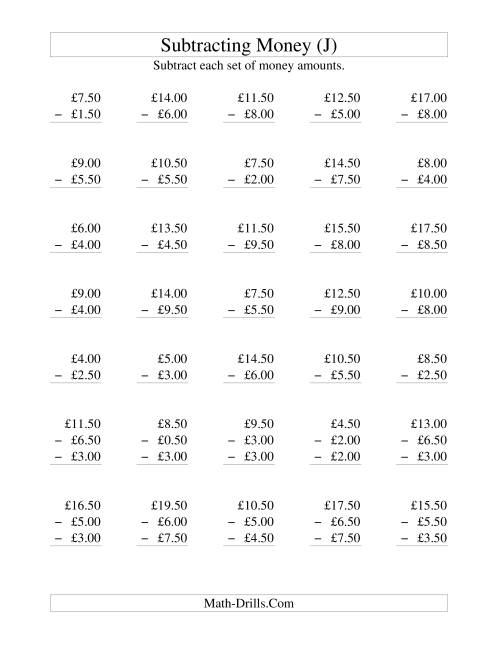 The Subtracting British Money to £10 -- Increments of 50 Pence (J) Math Worksheet