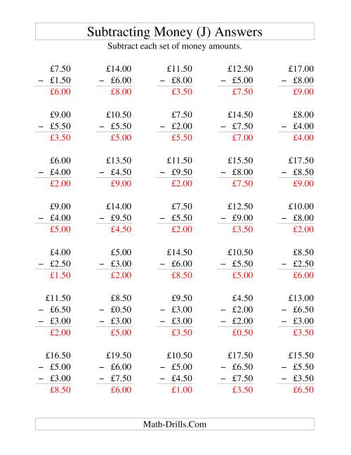 The Subtracting British Money to £10 -- Increments of 50 Pence (J) Math Worksheet Page 2