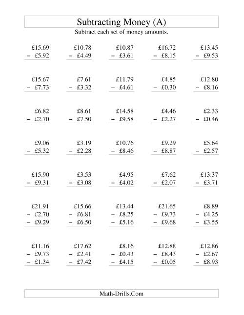 The Subtracting British Money to £10 (A) Math Worksheet