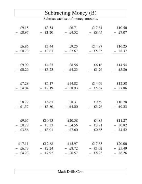 The Subtracting British Money to £10 (B) Math Worksheet