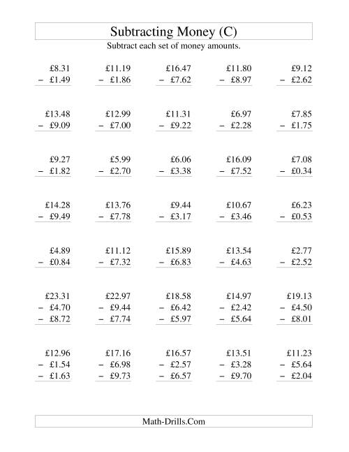 The Subtracting British Money to £10 (C) Math Worksheet