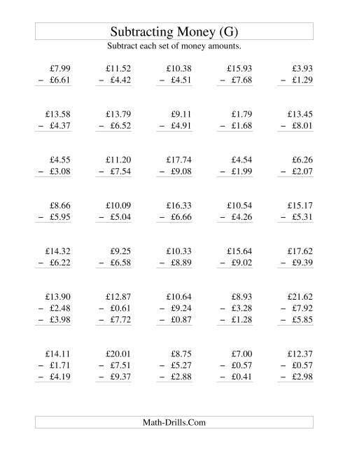 The Subtracting British Money to £10 (G) Math Worksheet