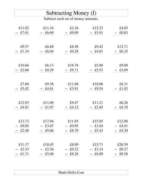 The Subtracting British Money to £10 (I) Math Worksheet