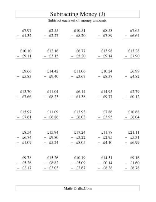 The Subtracting British Money to £10 (J) Math Worksheet