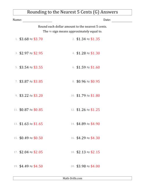 The Rounding dollar amounts to the nearest 5 cents (G) Math Worksheet Page 2