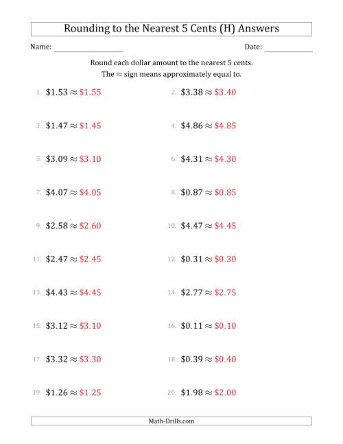The Rounding dollar amounts to the nearest 5 cents (H) Math Worksheet Page 2
