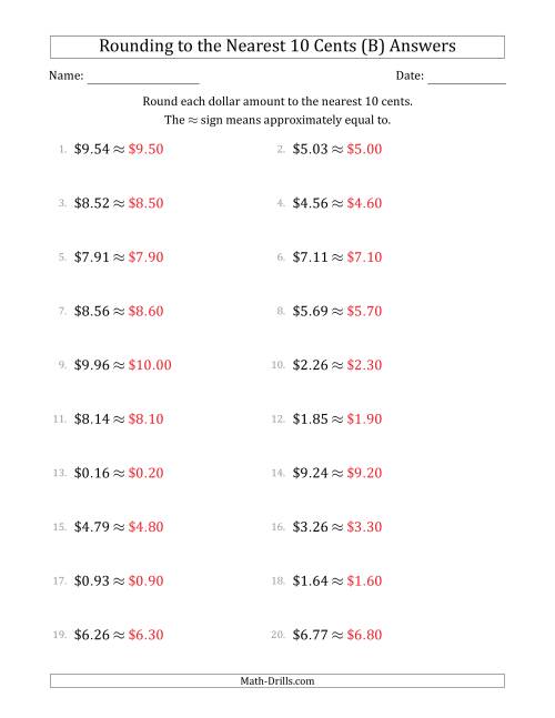 The Rounding dollar amounts to the nearest 10 cents (B) Math Worksheet Page 2