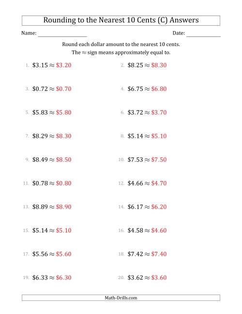 The Rounding dollar amounts to the nearest 10 cents (C) Math Worksheet Page 2