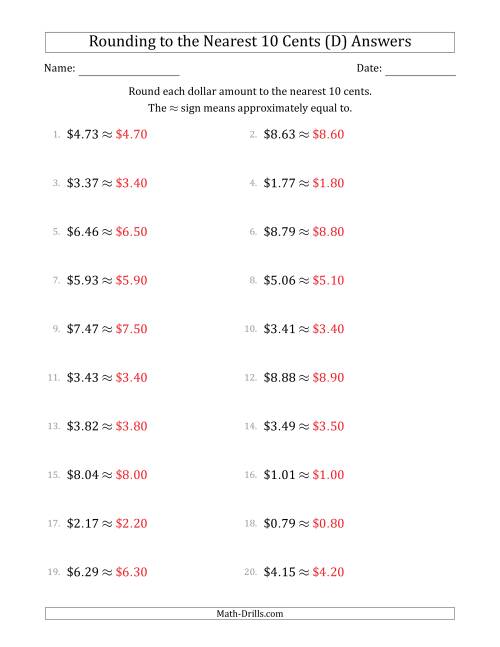 The Rounding dollar amounts to the nearest 10 cents (D) Math Worksheet Page 2