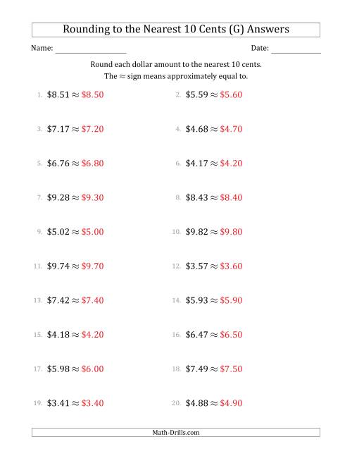 The Rounding dollar amounts to the nearest 10 cents (G) Math Worksheet Page 2
