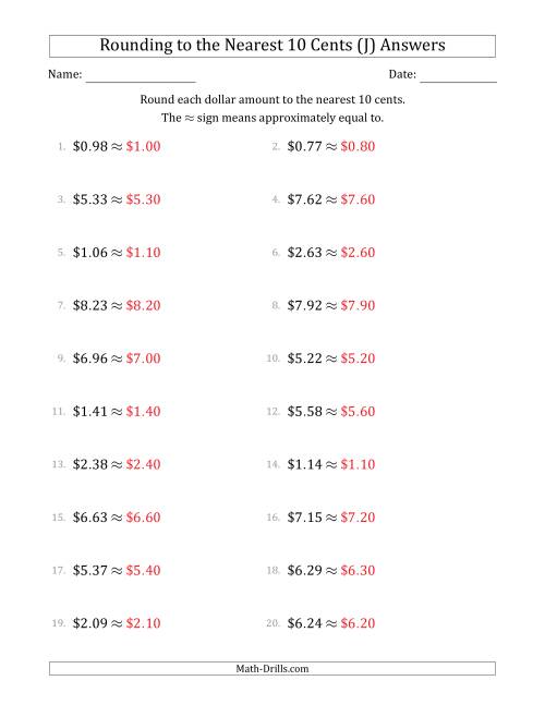 The Rounding dollar amounts to the nearest 10 cents (J) Math Worksheet Page 2