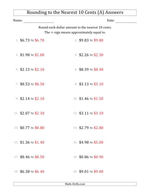 The Rounding dollar amounts to the nearest 10 cents (All) Math Worksheet Page 2
