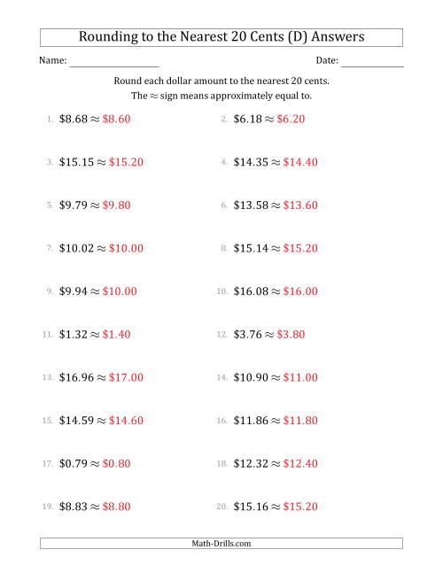 The Rounding dollar amounts to the nearest 20 cents (D) Math Worksheet Page 2