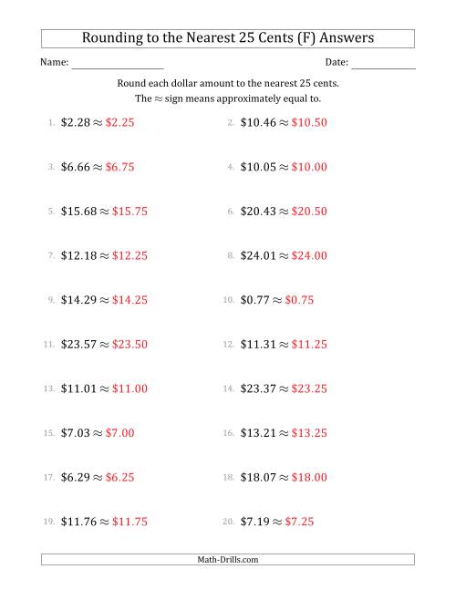 The Rounding dollar amounts to the nearest 25 cents (F) Math Worksheet Page 2