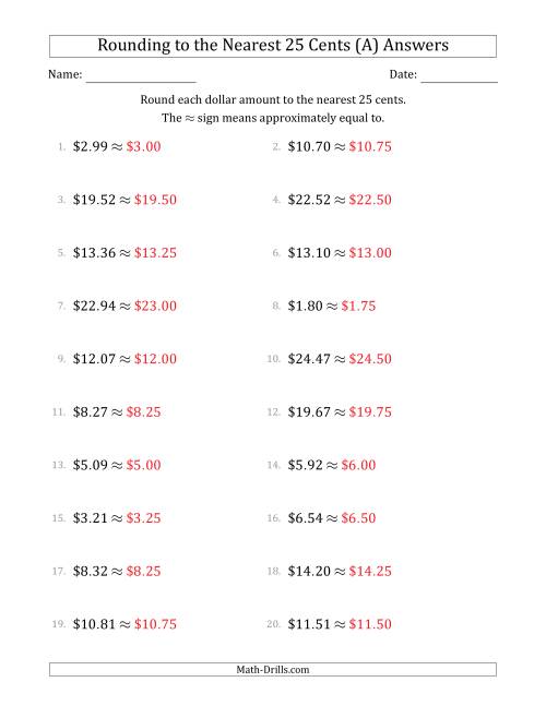 The Rounding dollar amounts to the nearest 25 cents (All) Math Worksheet Page 2