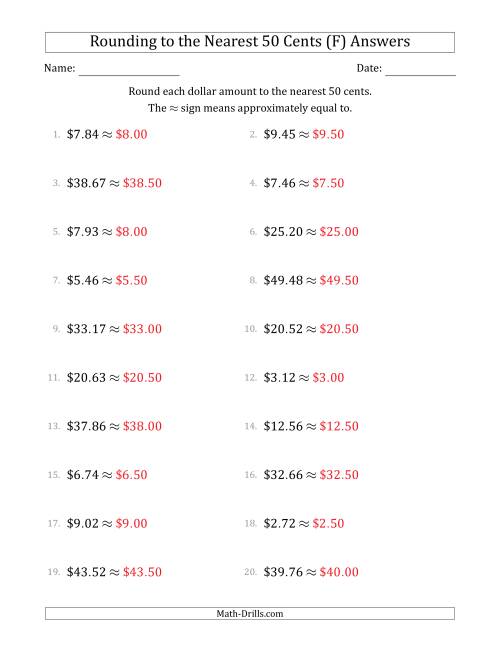 The Rounding dollar amounts to the nearest 50 cents (F) Math Worksheet Page 2