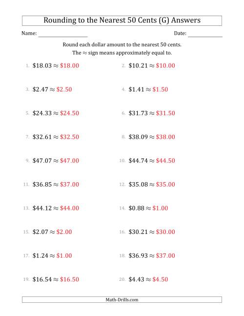 The Rounding dollar amounts to the nearest 50 cents (G) Math Worksheet Page 2