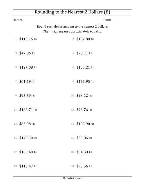 The Rounding dollar amounts to the nearest 2 dollars (B) Math Worksheet