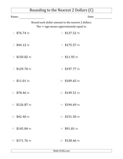 The Rounding dollar amounts to the nearest 2 dollars (C) Math Worksheet