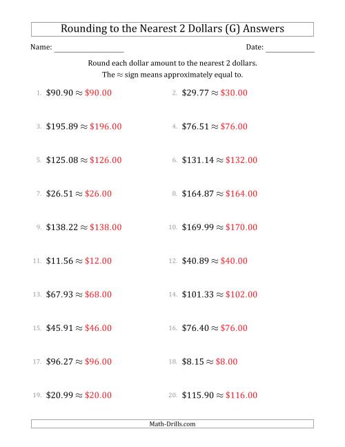 The Rounding dollar amounts to the nearest 2 dollars (G) Math Worksheet Page 2