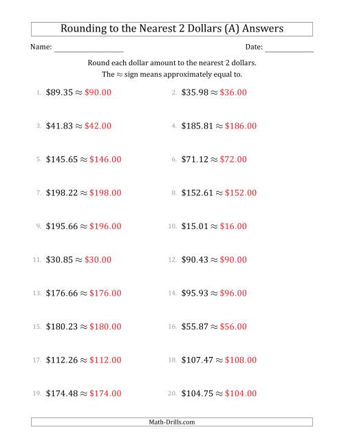 The Rounding dollar amounts to the nearest 2 dollars (All) Math Worksheet Page 2