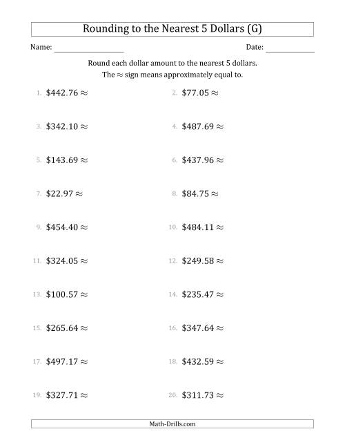 The Rounding dollar amounts to the nearest 5 dollars (G) Math Worksheet