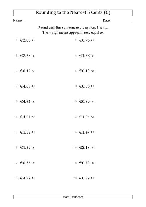 The Rounding Euro amounts to the nearest 5 cents (C) Math Worksheet